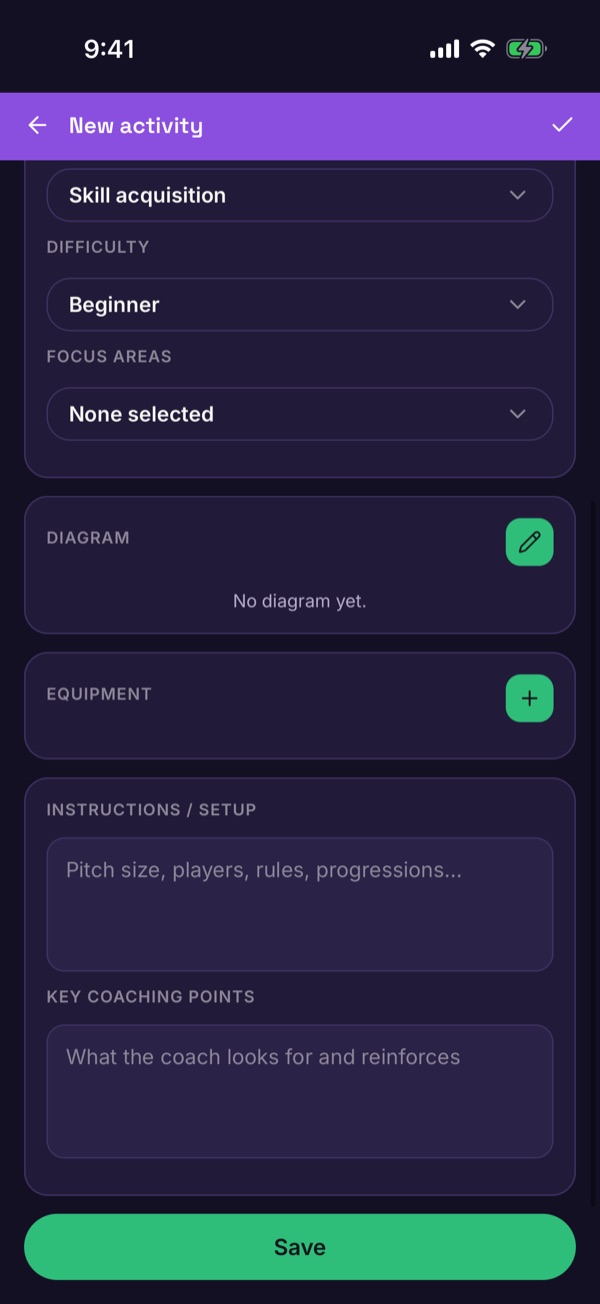 The Organisation, Explanation, Coaching points and SO-CHANGE-IT sections with a Save button