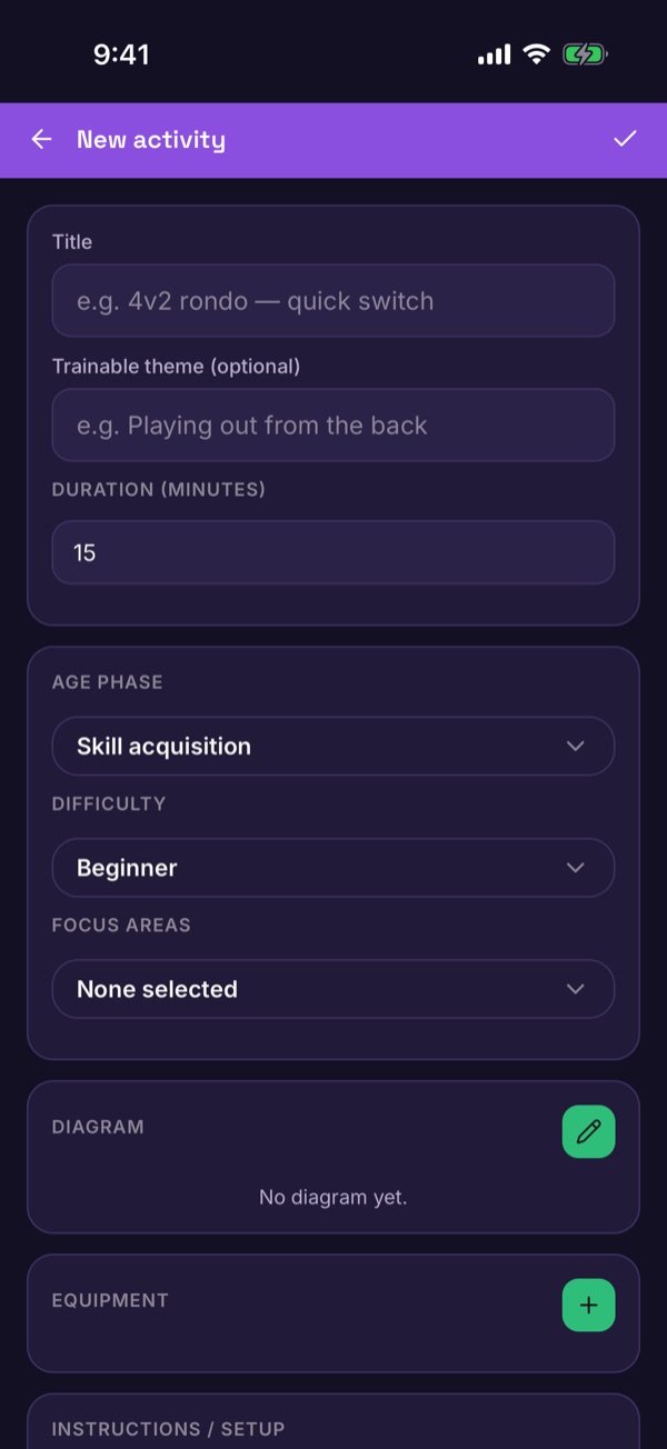 The New activity form with title, objective and duration
