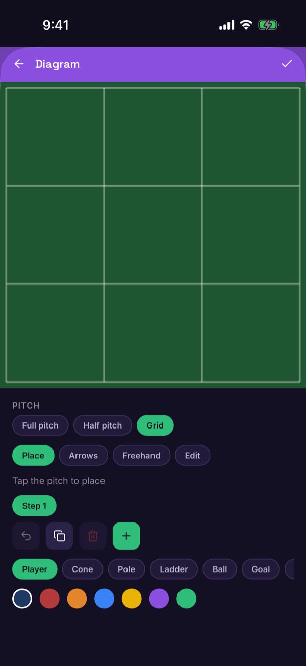 The diagram editor with a pitch, drawing tools, pieces and colours