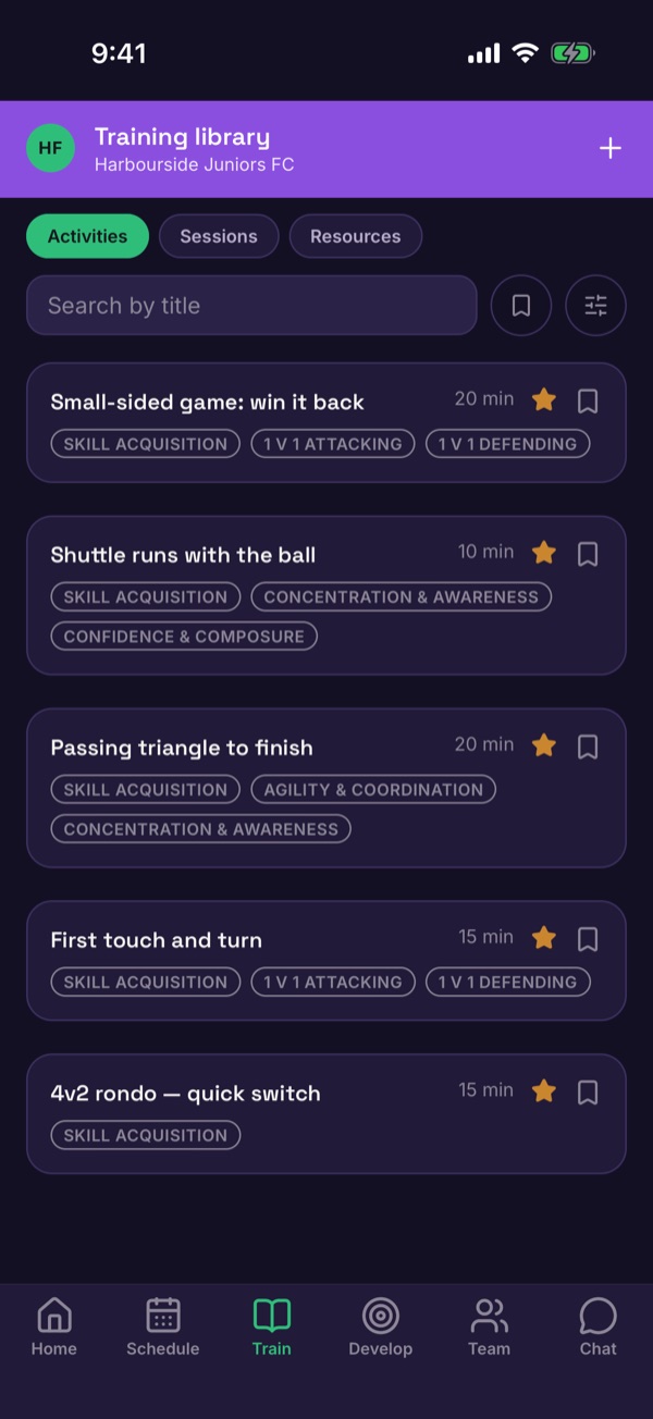 The Training library listing activities with their focus areas