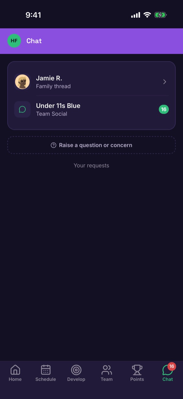 The Chat tab with a list of family threads