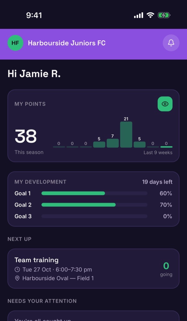 Jugazo home screen showing a player's season points, development goals and next training