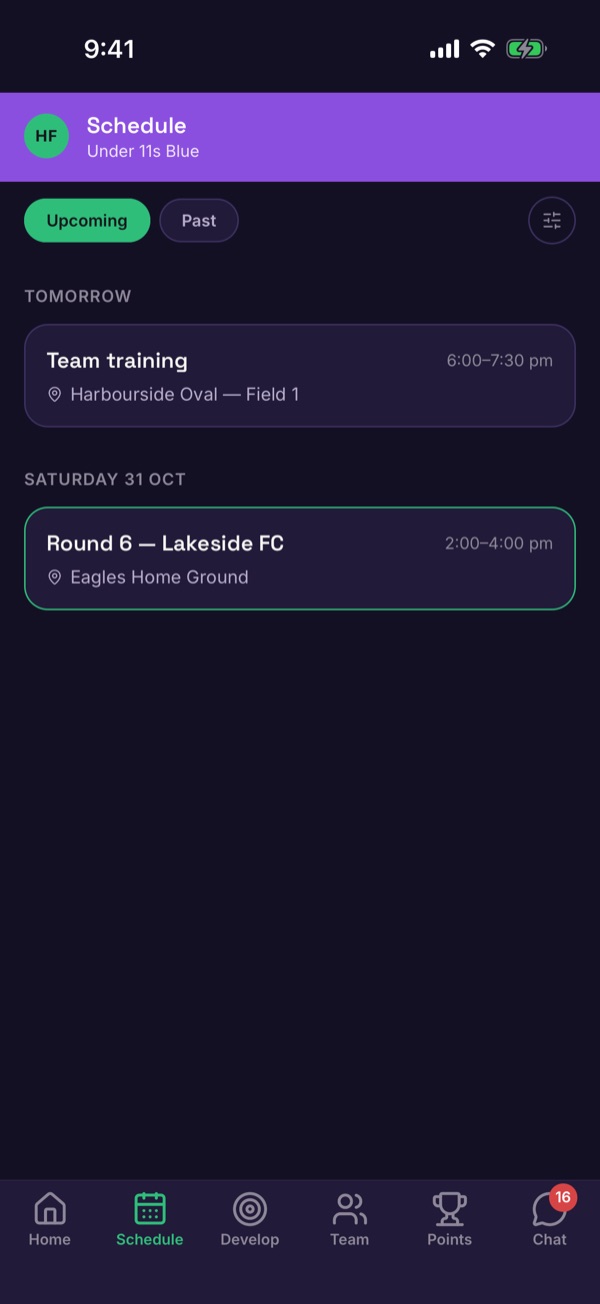 The Schedule tab with Upcoming and Past buttons