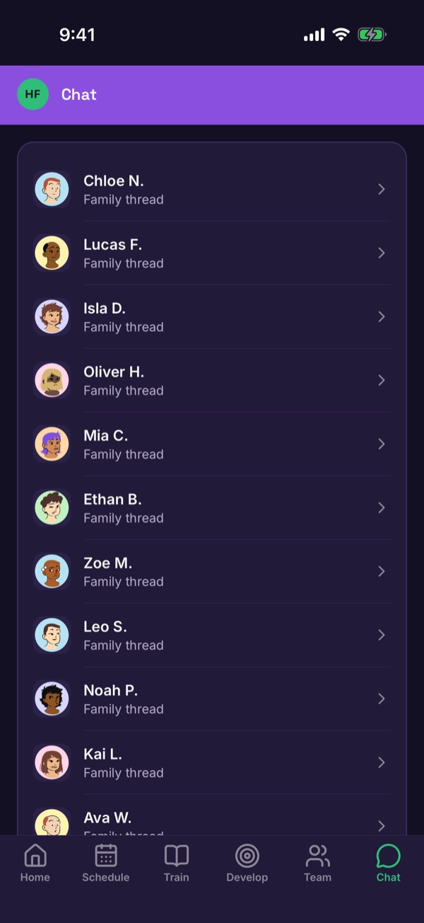 The Chat tab listing family threads
