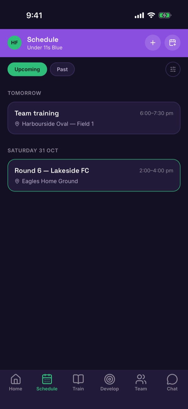 The Schedule tab with Upcoming and Past buttons and a plus button