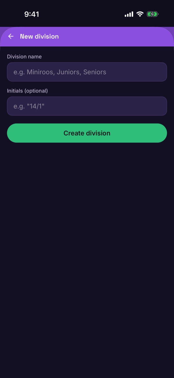 The New division form with a name and optional initials