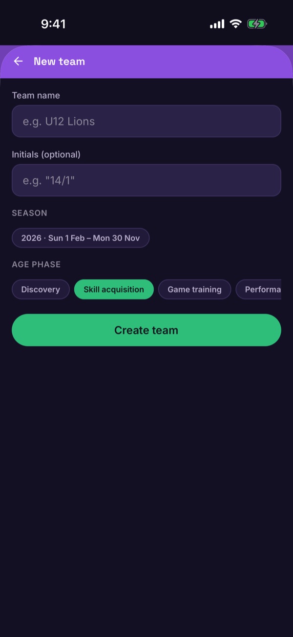 The New team form with team name, season and age phase