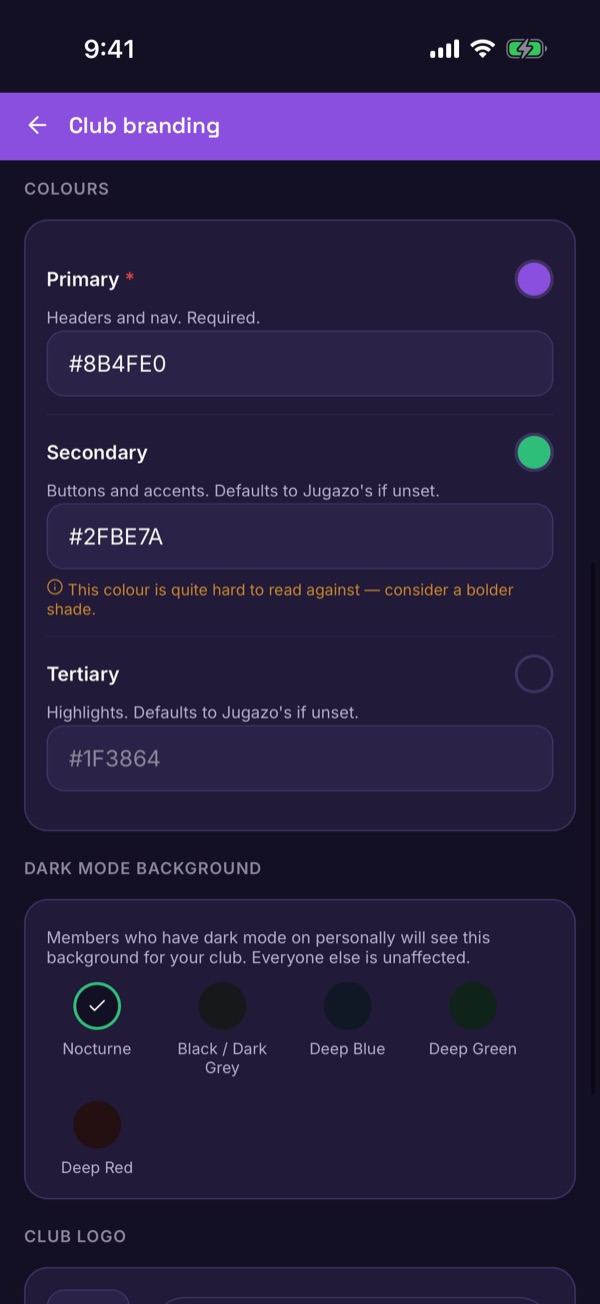 The Primary, Secondary and Tertiary colour fields and the dark mode background choices