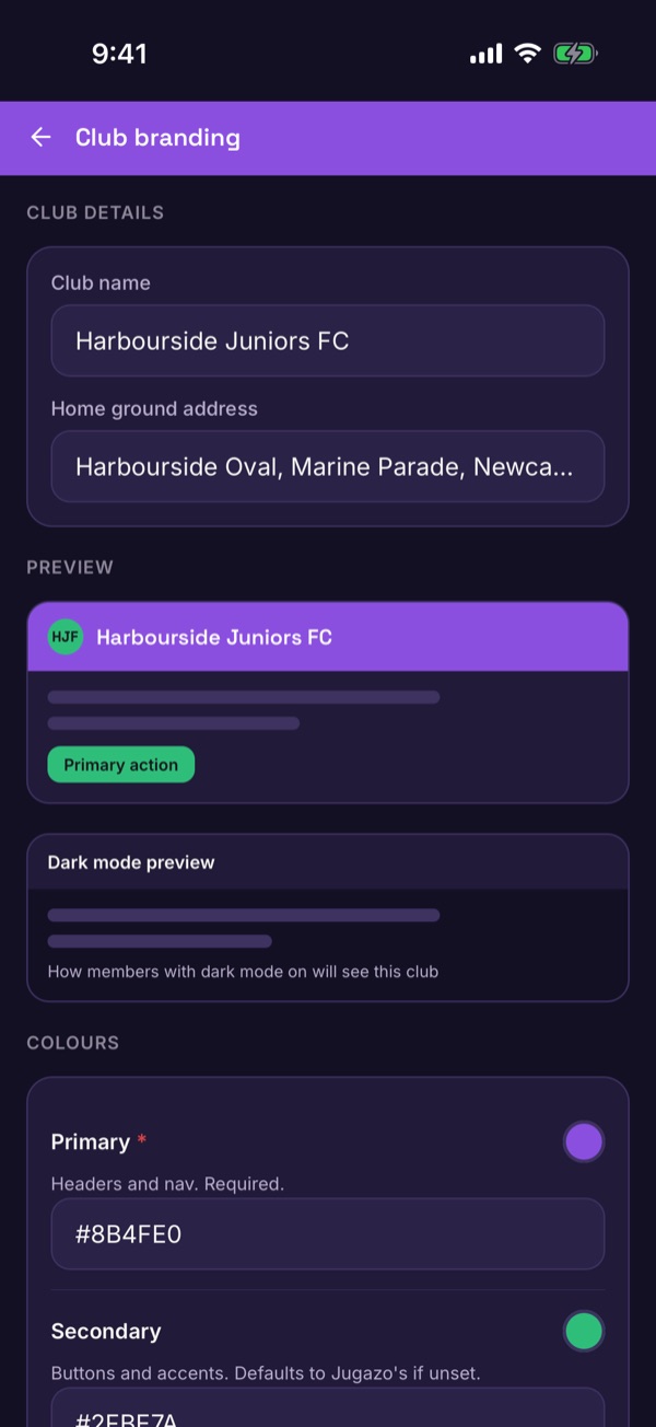 Jugazo club branding settings screen showing colour customisation