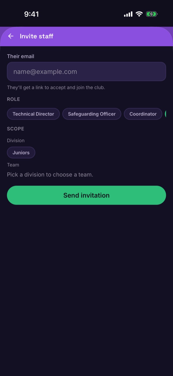 The Invite staff form with email, role and scope