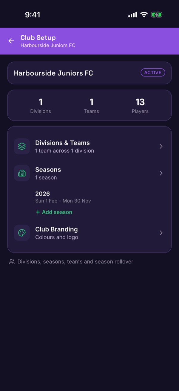 Club Setup showing counts of divisions, teams and players, and the current season