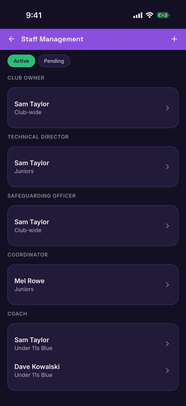 Staff Management listing the club owner, technical director, safeguarding officer, coordinator and coaches