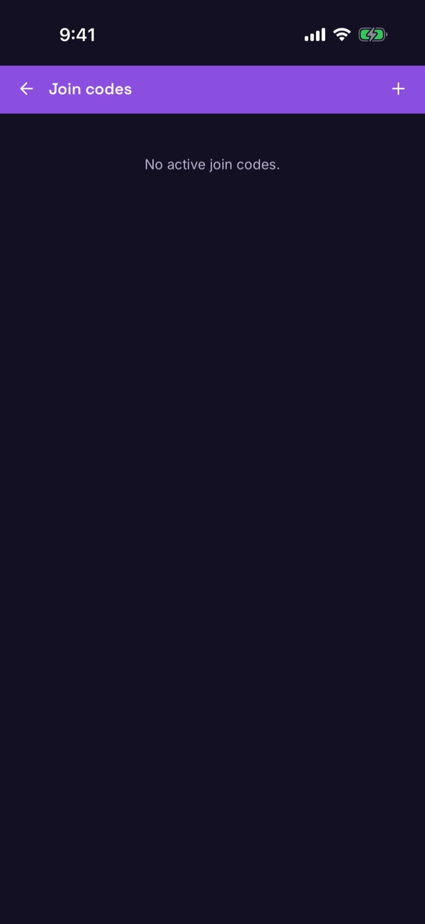 The Join codes screen with a plus button