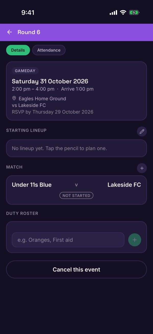 A gameday with no lineup yet, a pencil button and a not-started match card