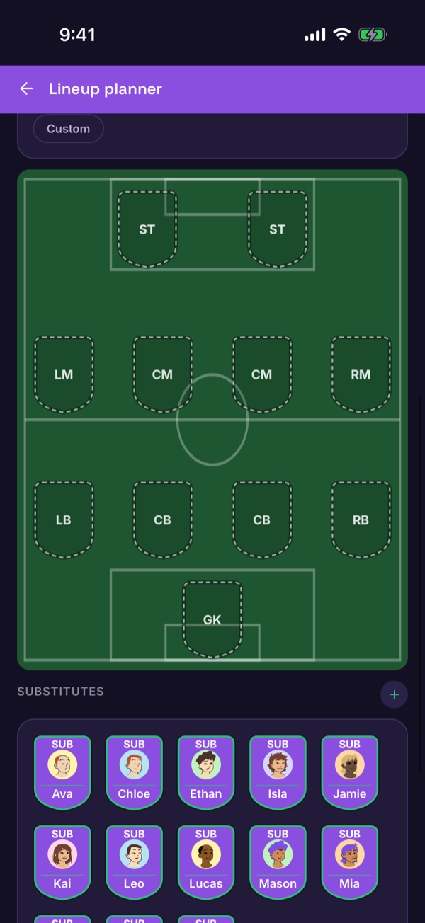 The pitch with empty positions and the substitutes below it
