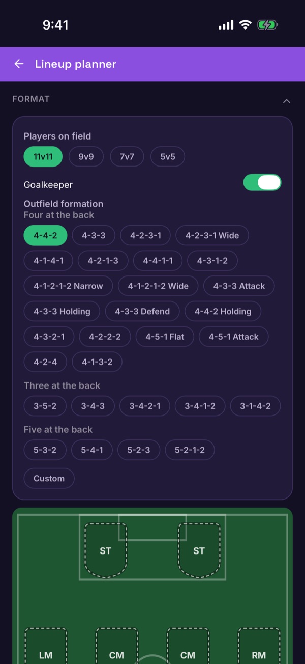 The Lineup planner with format and formation choices