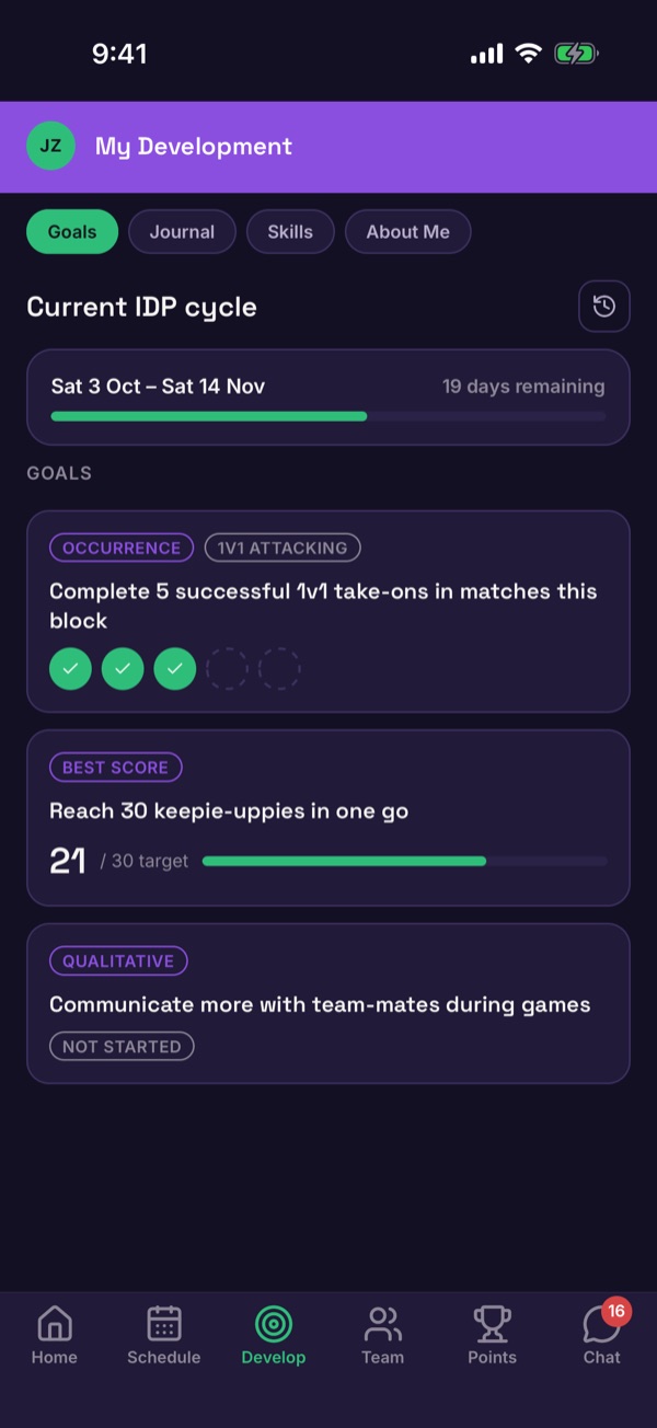 The My Development screen showing the current IDP cycle and three goals