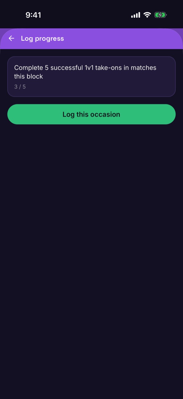 The Log progress screen with a Log this occasion button