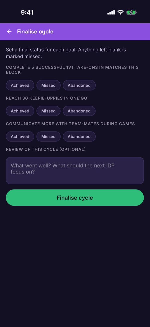 The Finalise cycle screen with Achieved, Missed and Abandoned for each goal