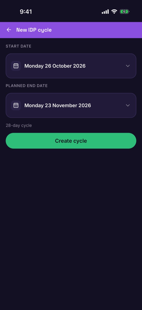 The New IDP cycle form with start date, planned end date and Create cycle