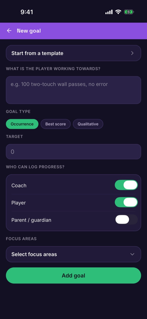 The New goal form with goal type, target, who can log progress and focus areas