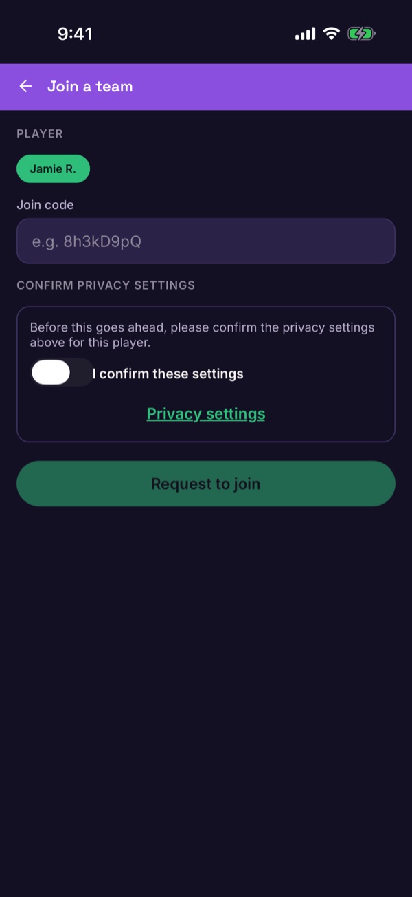 The Join a team screen with a player, a join code box and a Request to join button