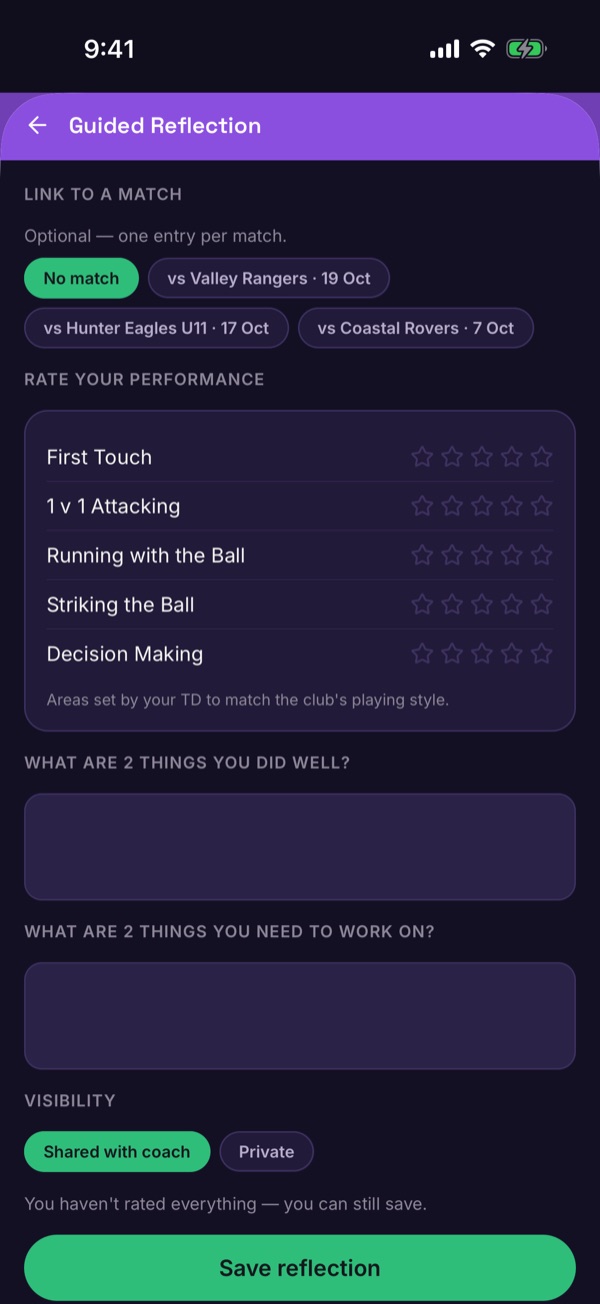The Guided Reflection screen with Link to a match and Rate your performance