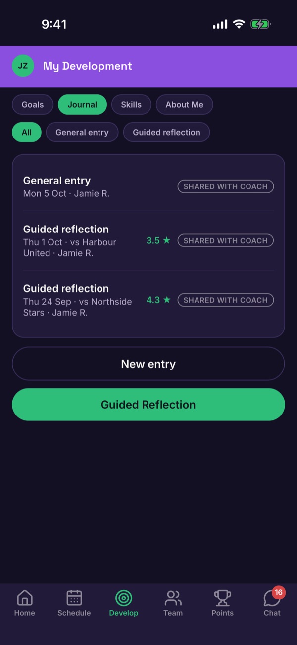 The Journal tab with general entries and guided reflections