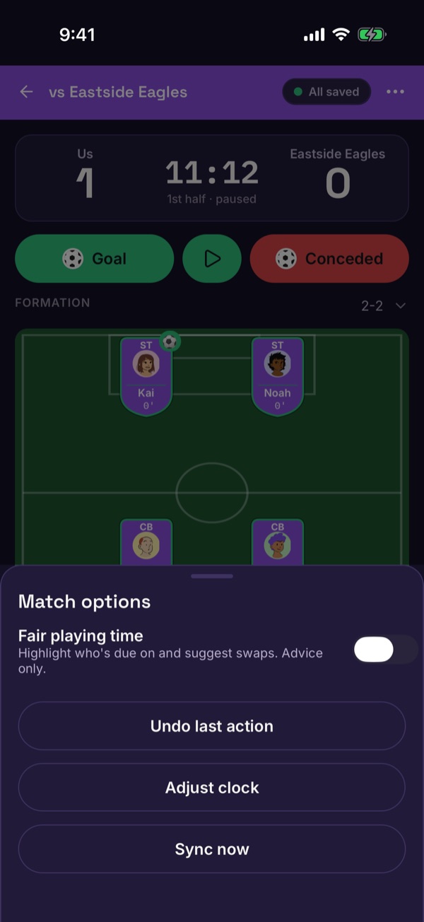 The Match options sheet with Undo last action, Adjust clock and Sync now