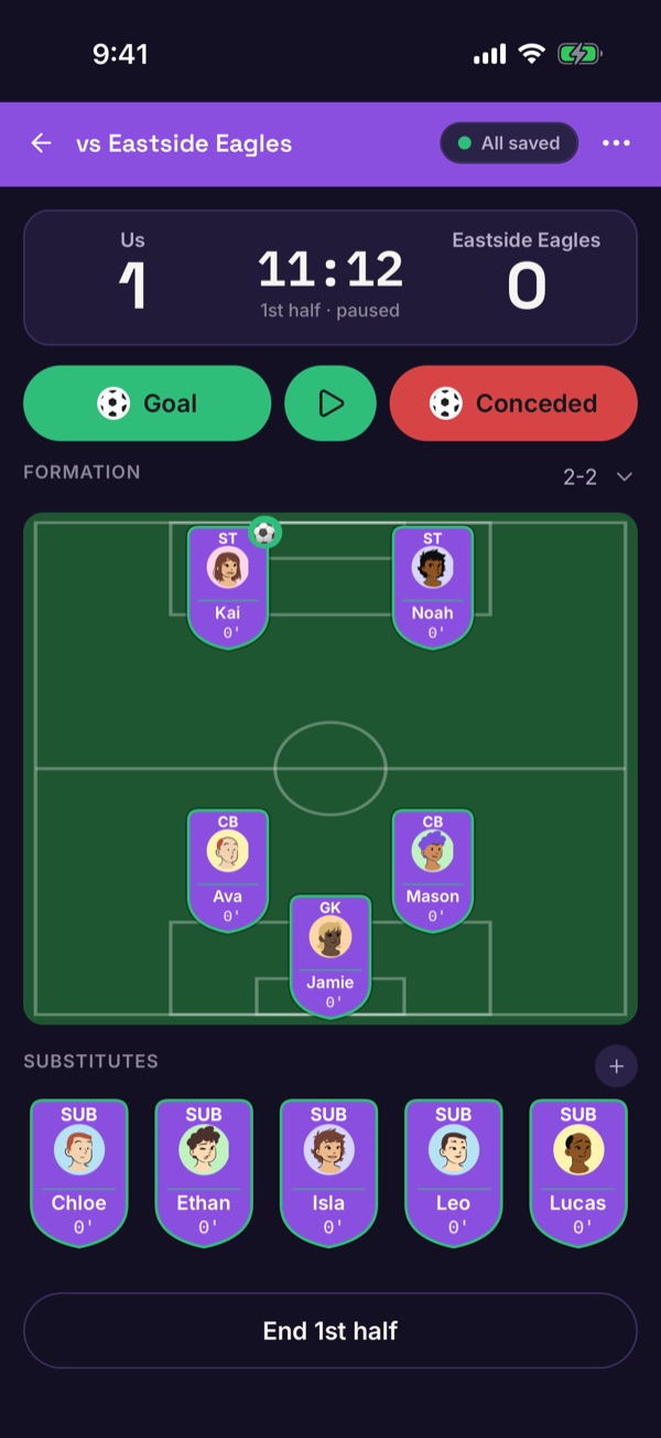 The live screen paused with an End 1st half button