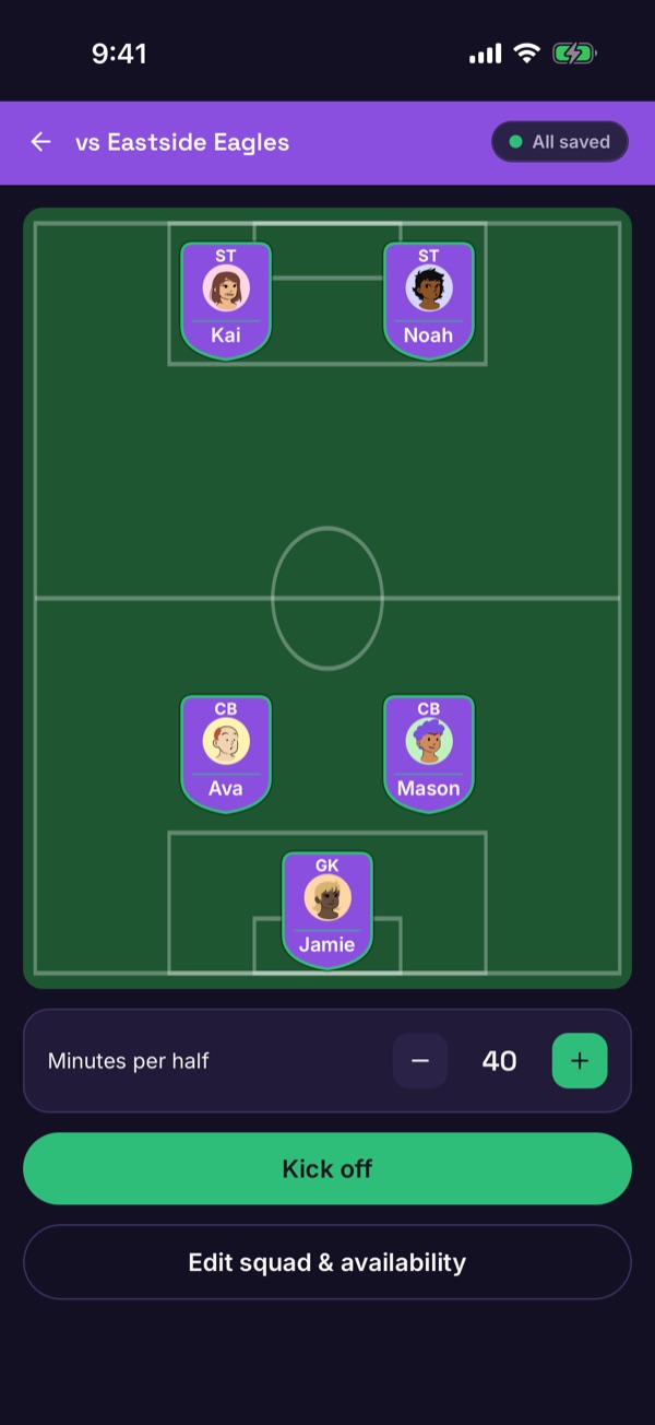 The match screen before kick-off with the lineup, minutes per half and a Kick off button