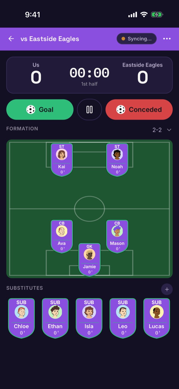 The live match screen with a clock, Goal and Conceded buttons, the pitch and substitutes