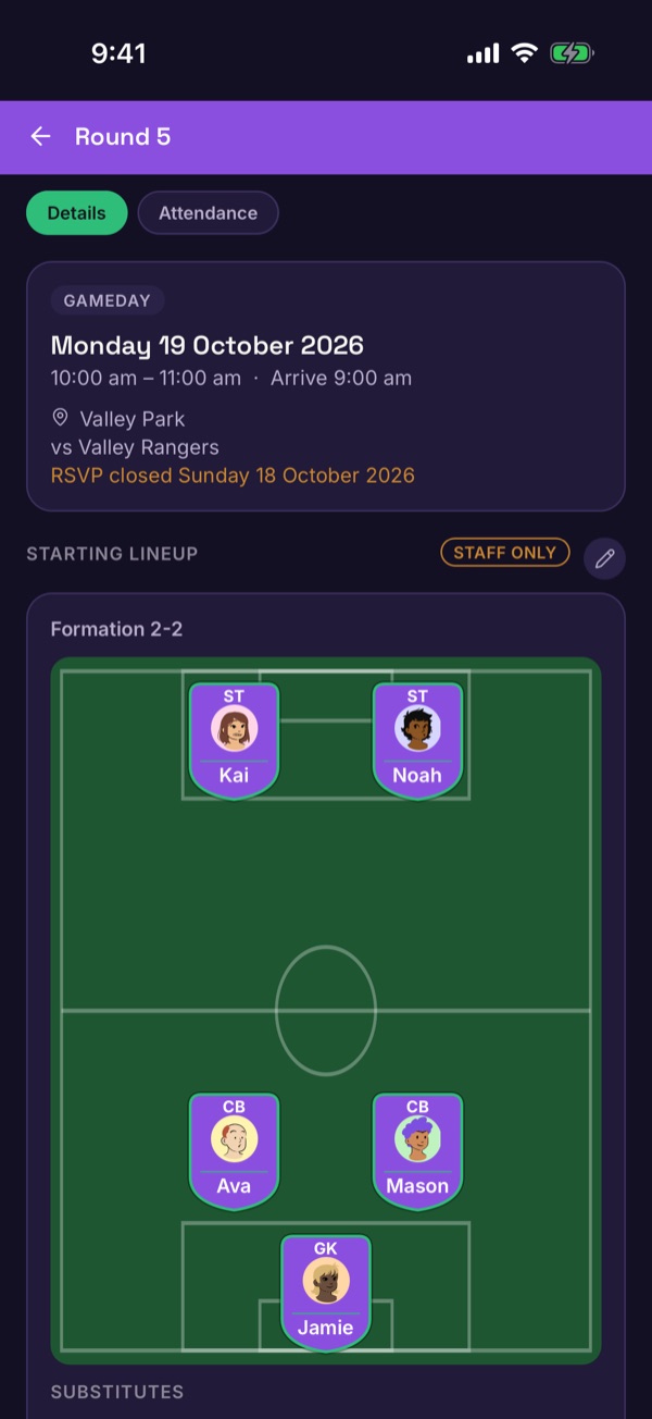 A planned lineup on a pitch with a Staff only tag