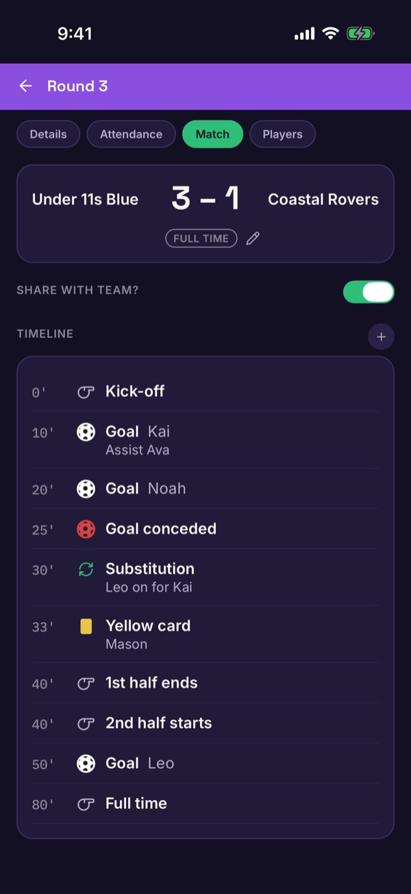 The match review with the score and a timeline of goals, a substitution and a card