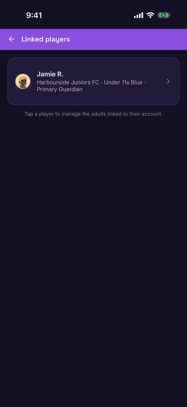 The Linked players list showing a child's profile