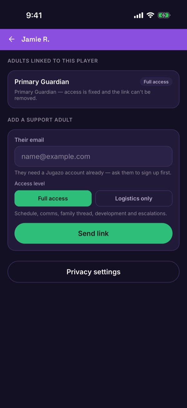 A player's page with linked adults, add a support adult and a Privacy settings button