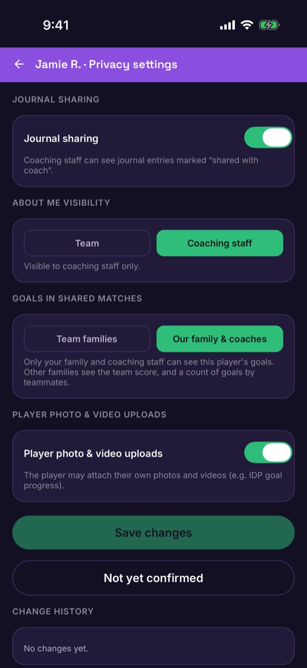 The Privacy settings screen with journal sharing, About Me visibility, goals in shared matches and uploads