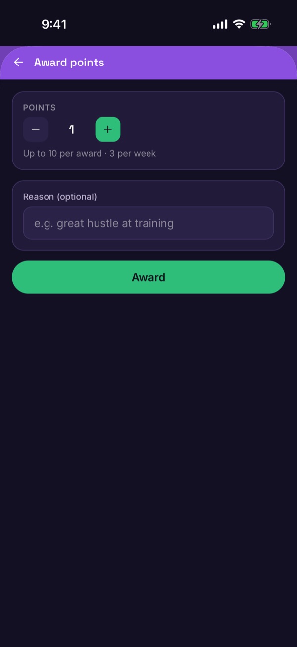 The Award points form with a points counter and an optional reason