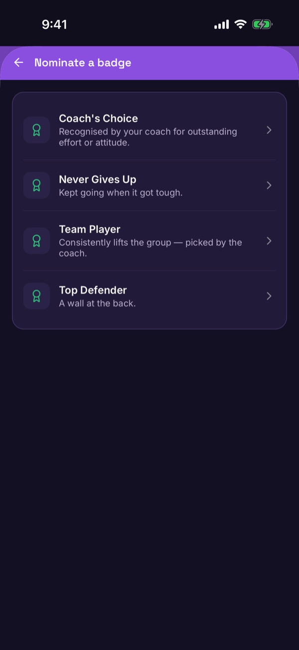 The Nominate a badge list showing coach-nominated badges
