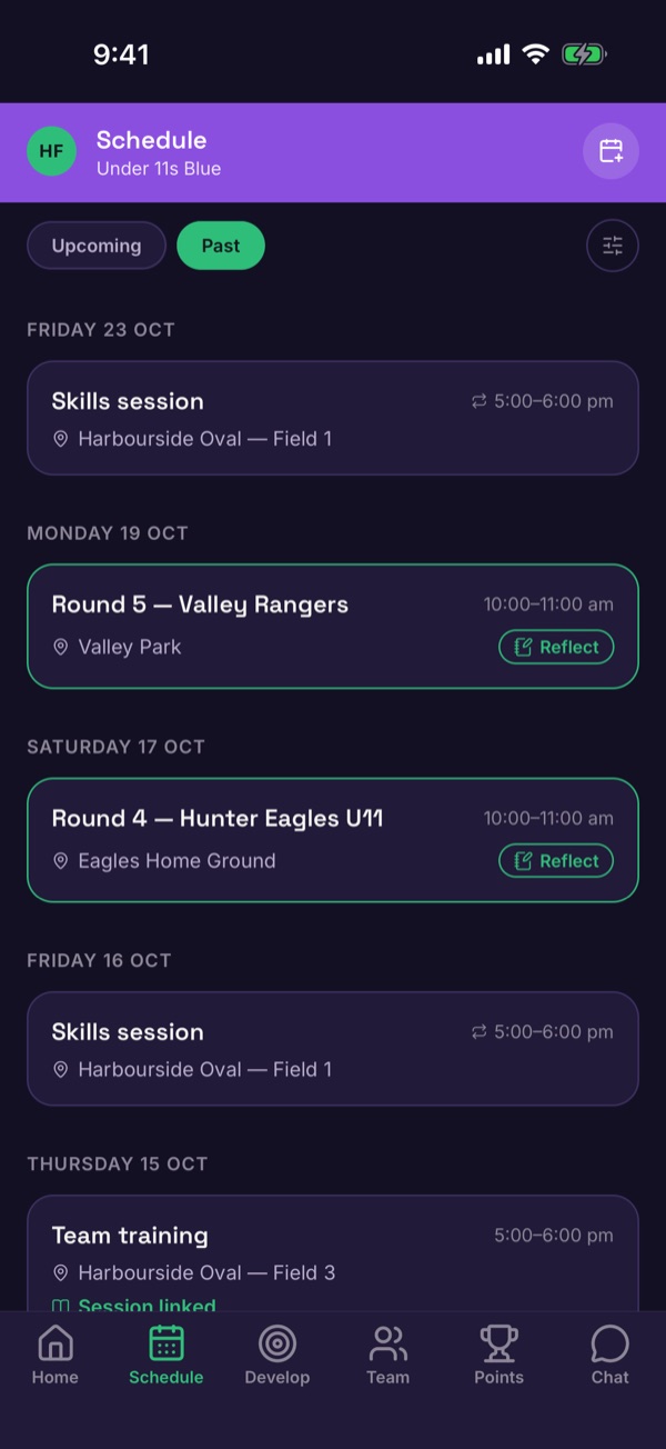 The Past list showing finished games, two with a Reflect button