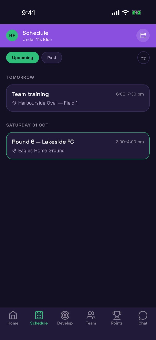 The Schedule tab listing a training session and a game