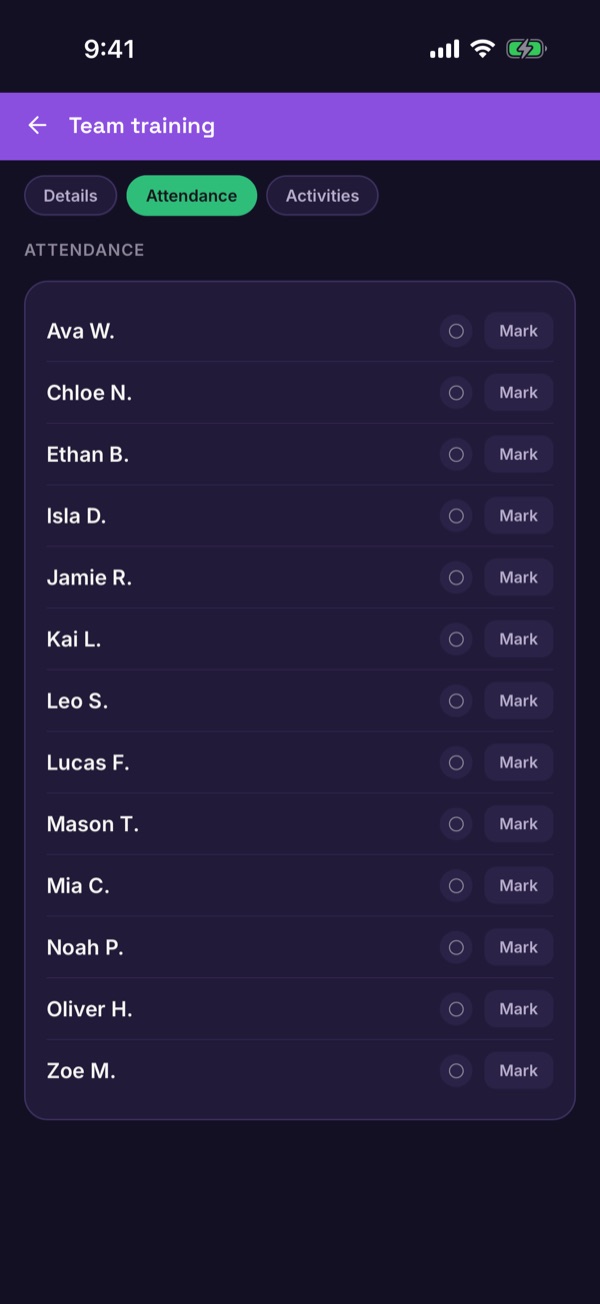 The Attendance tab listing every player with a Mark button