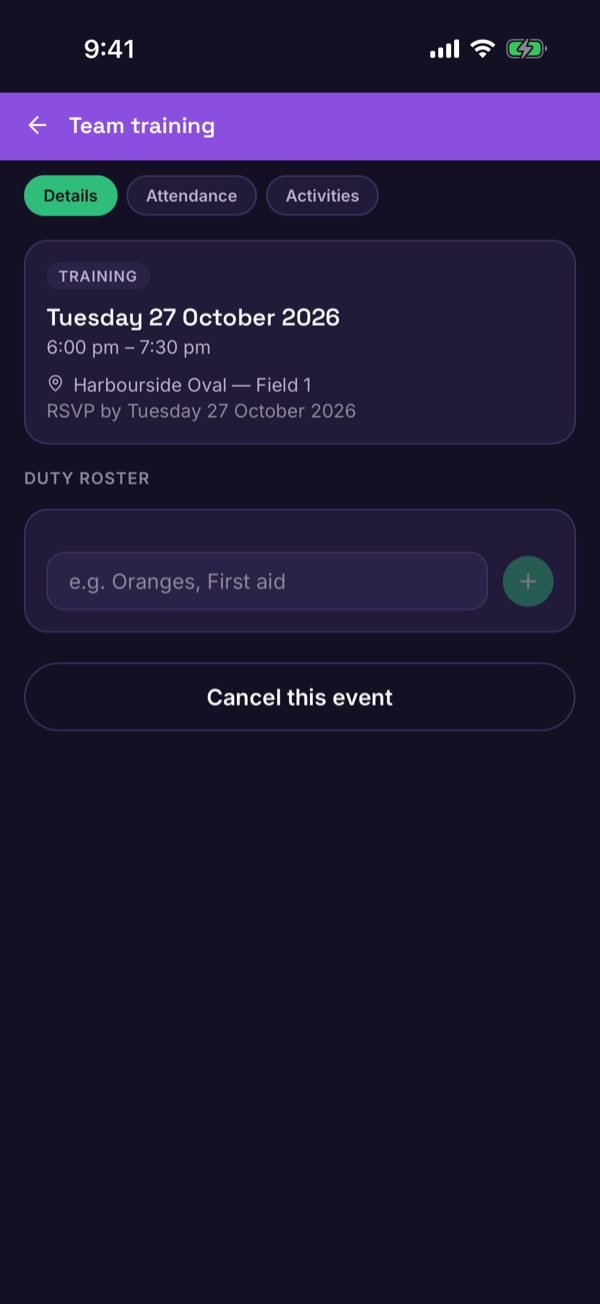 A training event showing its date, location, RSVP deadline and duty roster