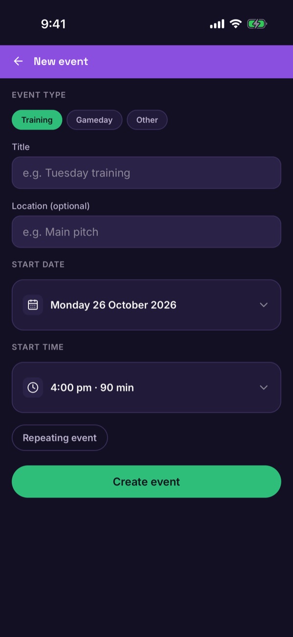 The New event form with event type, title, location, date and time