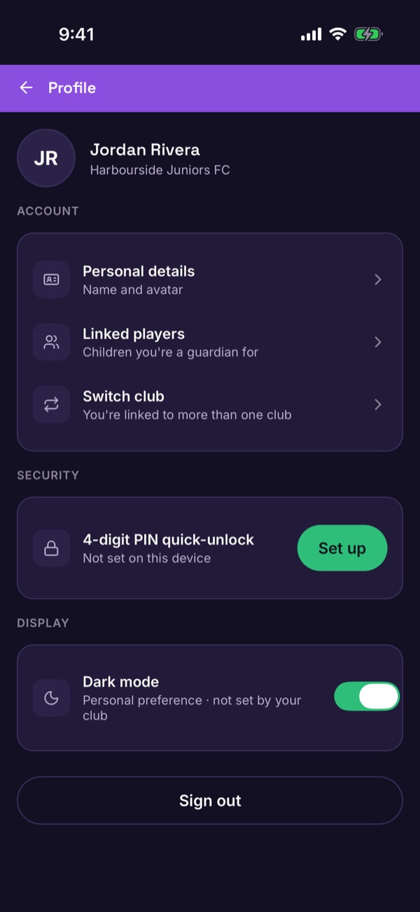 The Profile screen with the Security section showing 4-digit PIN quick-unlock and a Set up button