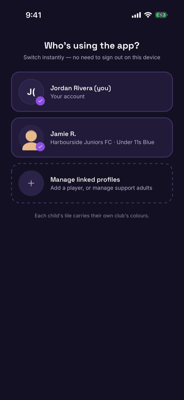 The Who's using the app screen with a tile for the parent and a tile for a child