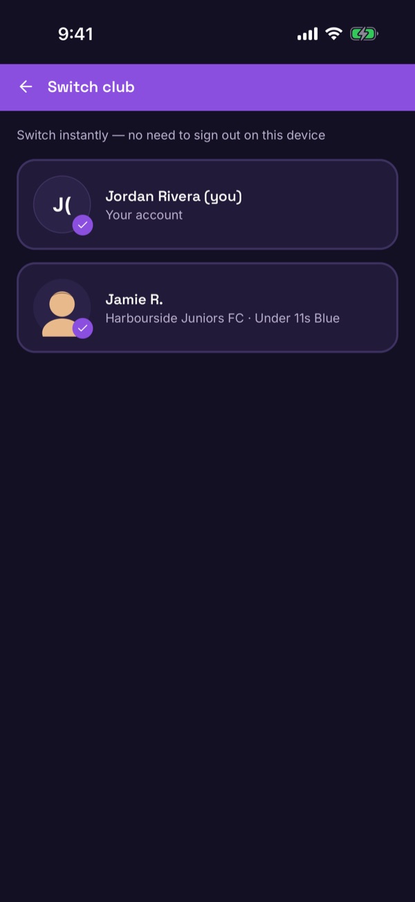 The switch screen listing the parent's account and a child's profile