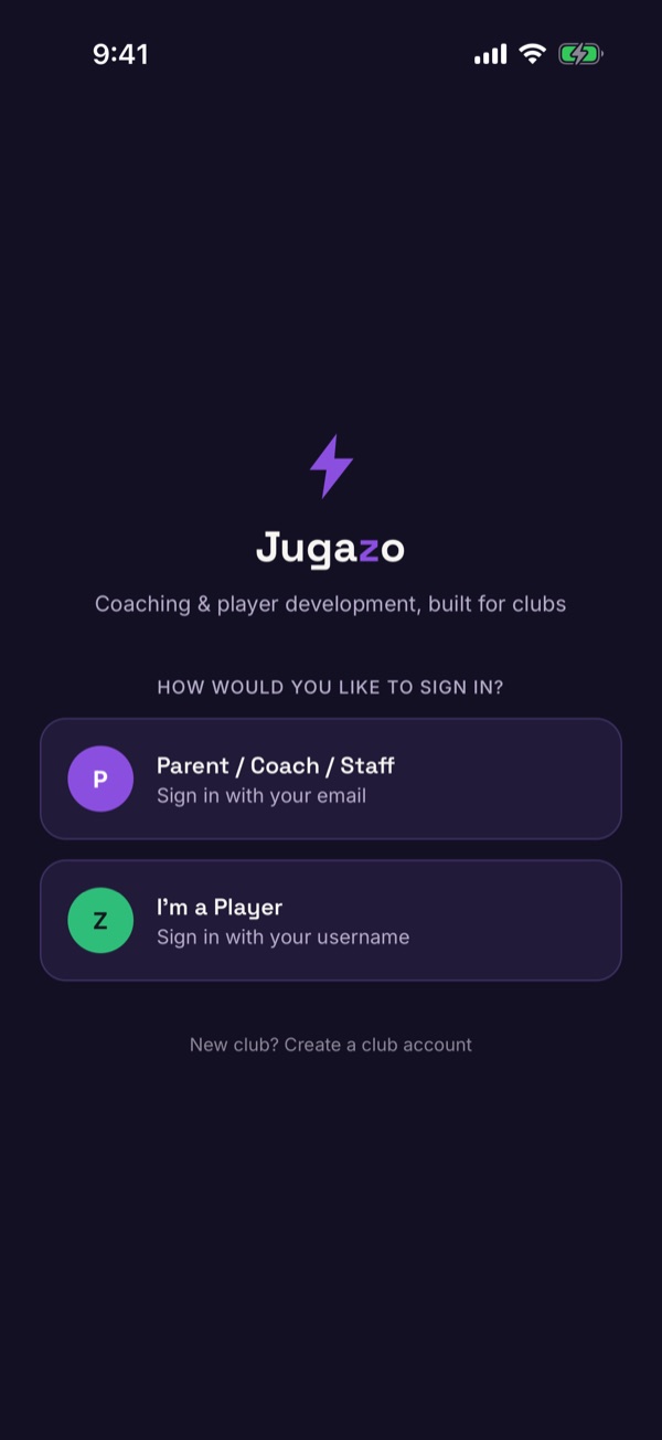 The Jugazo sign-in screen with two choices: Parent / Coach / Staff, and I'm a Player