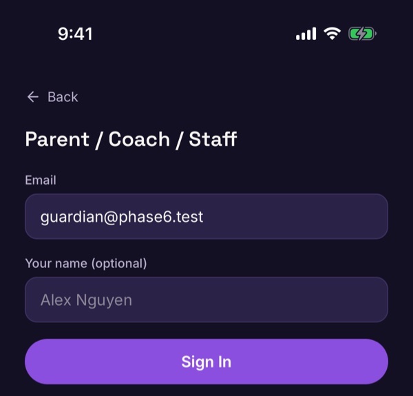 The adult sign-in form with an email box, an optional name box and a Sign In button