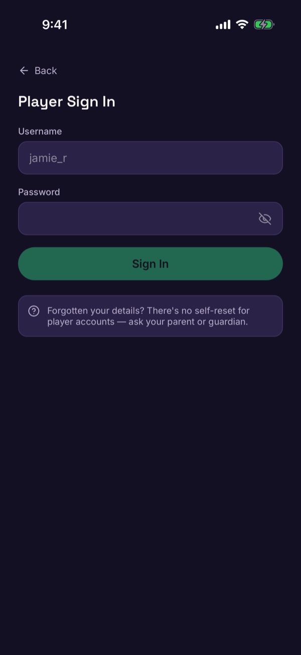 The player sign-in form with username and password boxes
